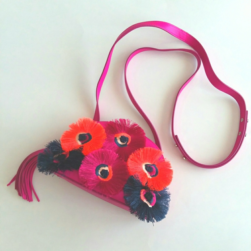 Loeffler Randall Crossbody fringe tassel neon pink flora pouch bag